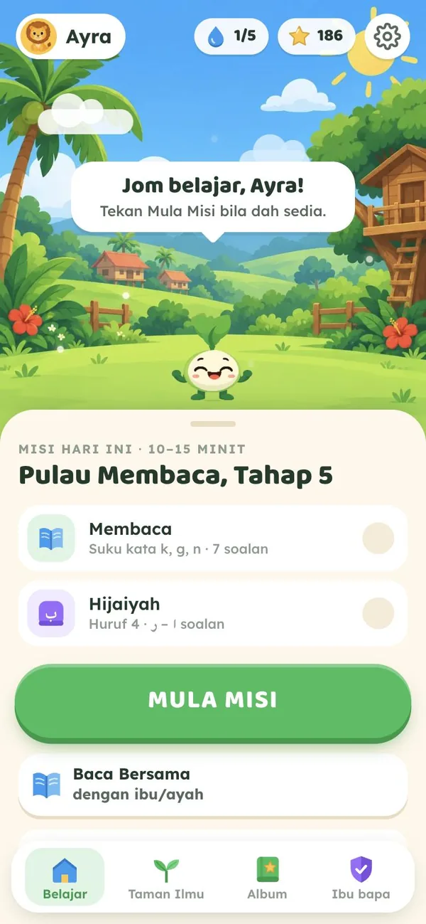 Laman utama: Si Tunas di taman dan Misi hari ini