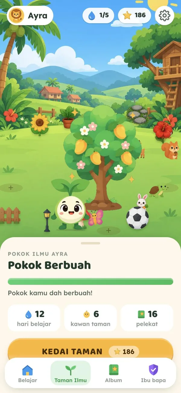 Taman Ilmu dengan Pokok Ilmu berbuah dan kawan haiwan