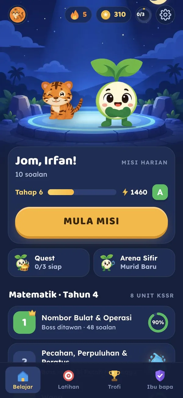 Laman utama Math & Sains: Si Tunas dan Si Belang di Arena malam